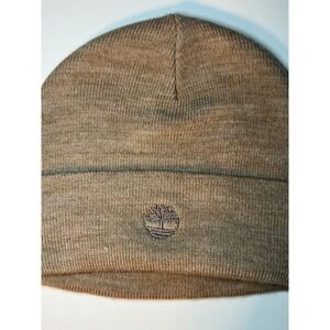 Timberland Mens Beanie Hat Tan Wheat Brown Cuffed Knit Watch Cap Tree Logo
